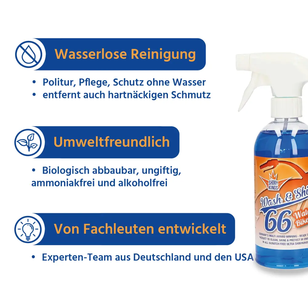 Wash & Shine BIKE - Wasserloser Schnellreiniger - 0,5 Liter + 2 x Spezialtuch